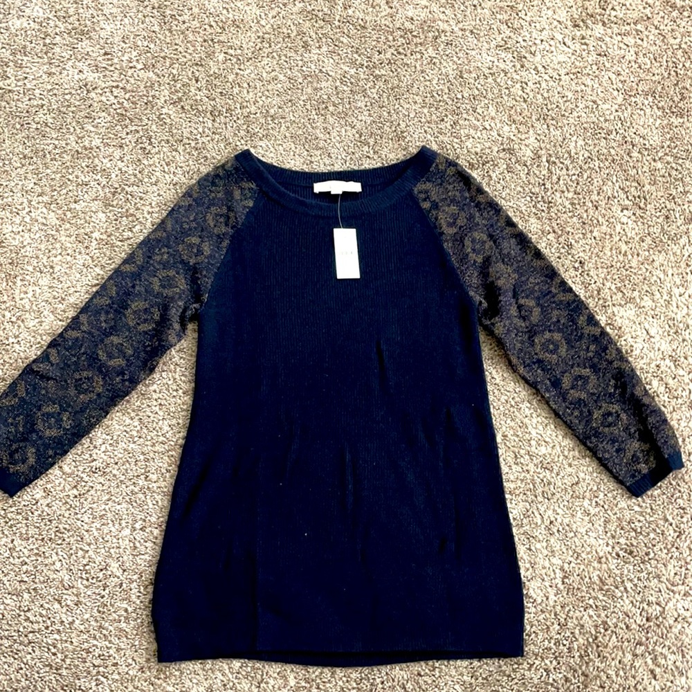 LOFT Navy Crewneck Sweater with Patterned Gray Sleeves